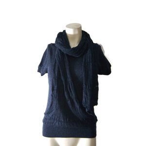 Cherry Knit Sweater Top Size M Navy Blue Short sleeve With Attached Scarf